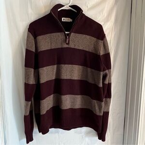 J Crew 100% Lambs Wool 1/4 Zip Sweater Mens Size XL Burgundy Stripes Cozy Warm‎